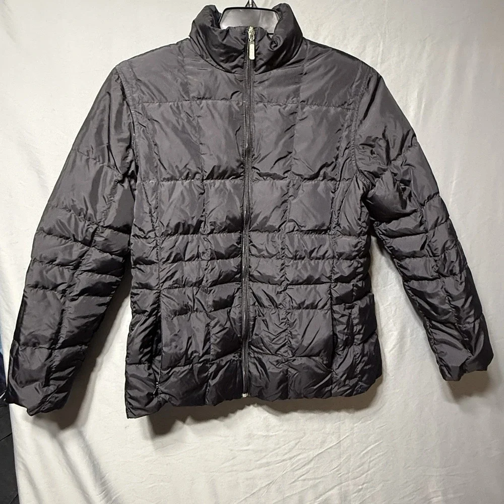 Land's End Down Filled Coat Women Large 14-16 Puffer Reversible Black Warm FLAW*